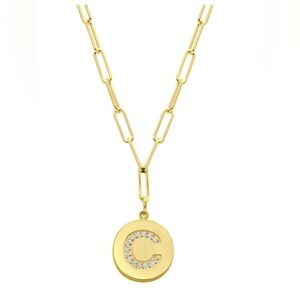 14k Gold Plated Pave Crystal Initial Disc Paperclip Necklace